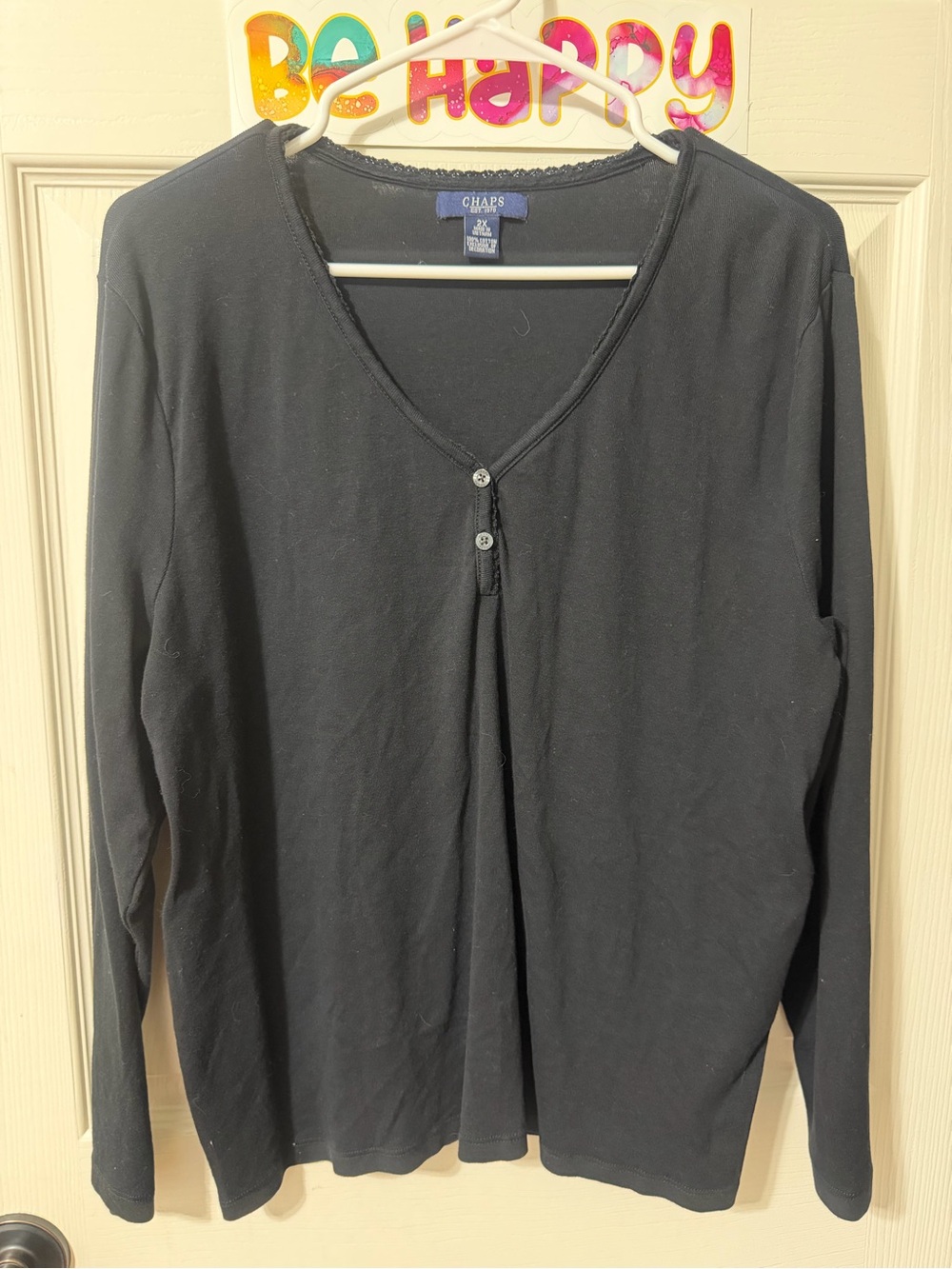 Chaps Black Long-Sleeve V-Neck Button Front Knit Top